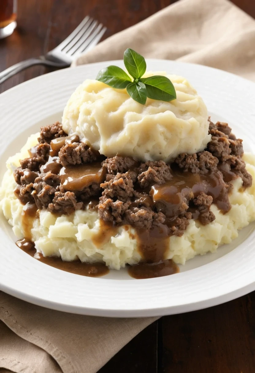 Ground Beef and Gravy Over Mashed Potatoes