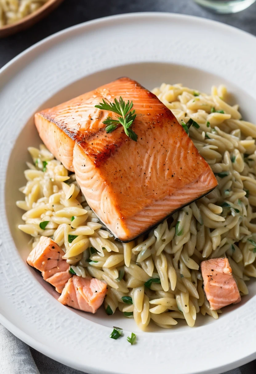 Seared Salmon and Creamy Orzo Pasta
